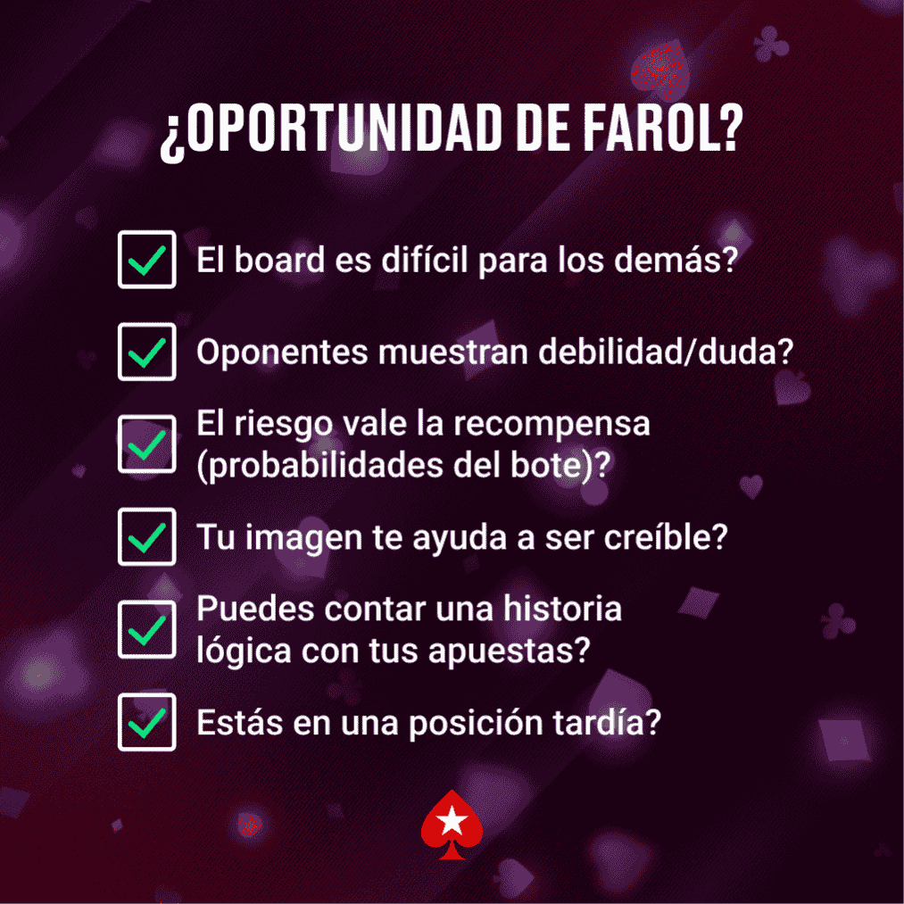 Checklist para identificar oportunidades de farol en una partida de póker